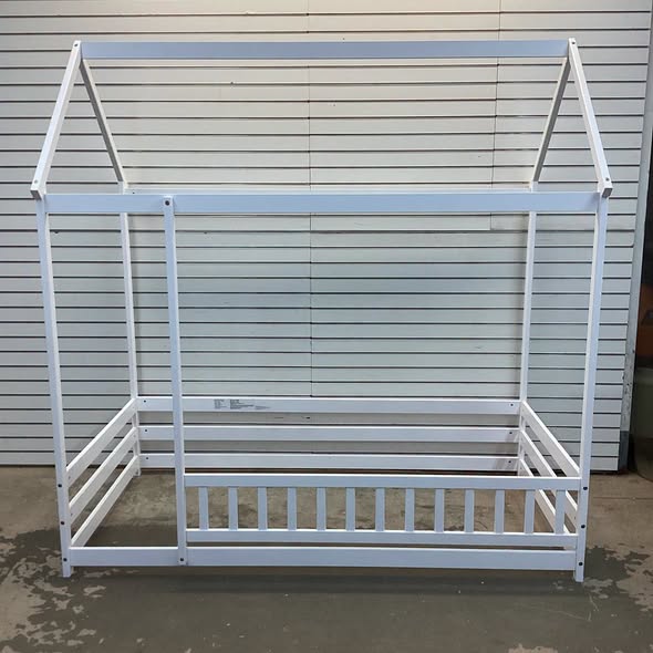 White Twin Adjustable House Bed with Roof and Full-length Safety Guardrail Playhouse Bed Frame