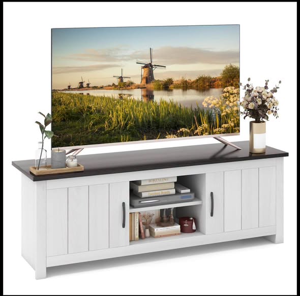 Wood TV Stand with 2 Cabinets and Open Shelves