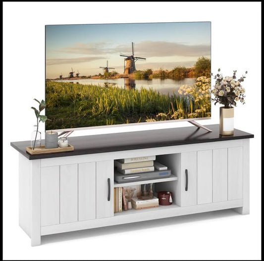 Wood TV Stand with 2 Cabinets and Open Shelves