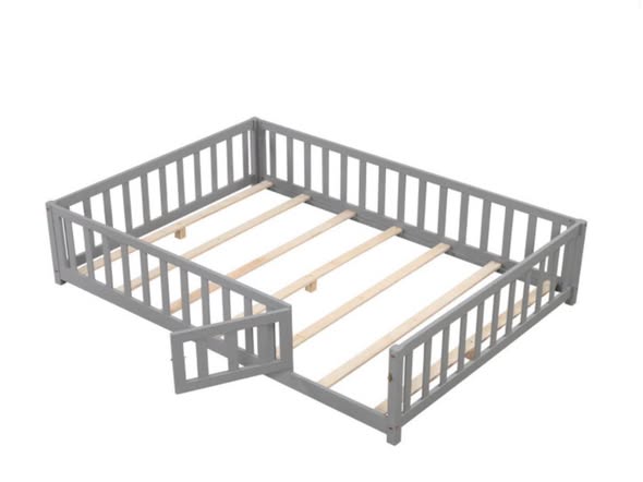 Full Size Montessori Bed Frame with Full-length Guardrails Safety Door and Latch
