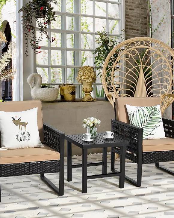 Costway 3PCS Patio Rattan Bistro Furniture Set Cushioned Sofa Chair Coffee Table