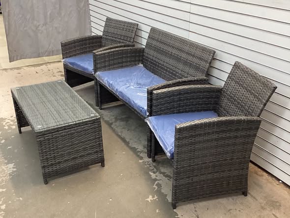 4 Pieces Patio Rattan Furniture Set with Glass Table and Loveseat