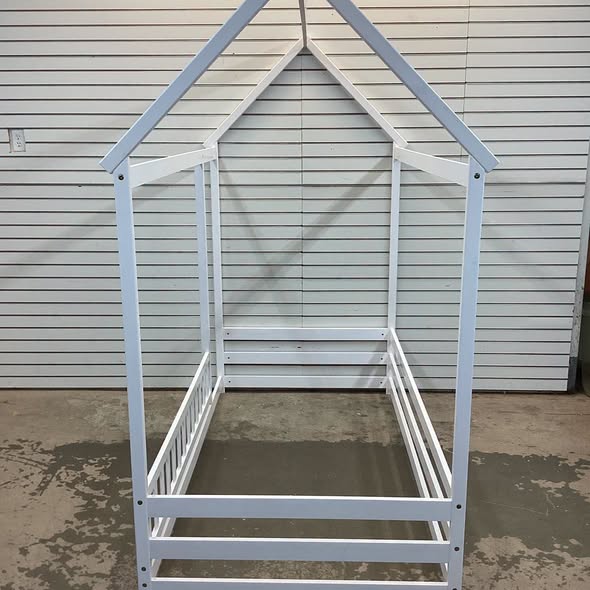 White Twin Adjustable House Bed with Roof and Full-length Safety Guardrail Playhouse Bed Frame