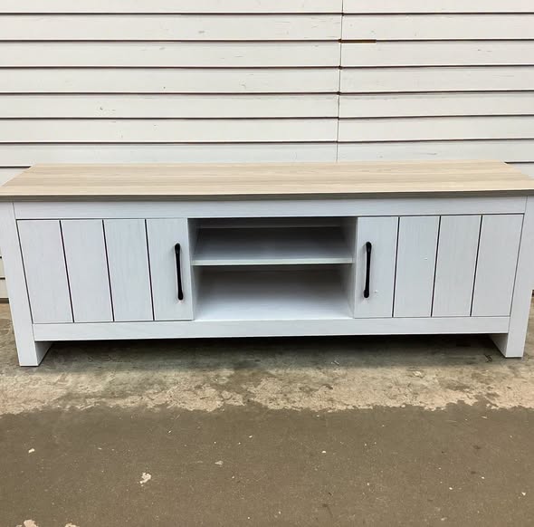 Wood TV Stand with 2 Cabinets and Open Shelves