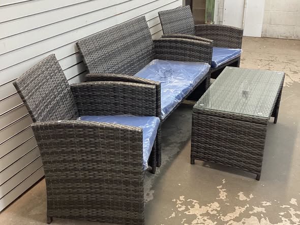 4 Pieces Patio Rattan Furniture Set with Glass Table and Loveseat