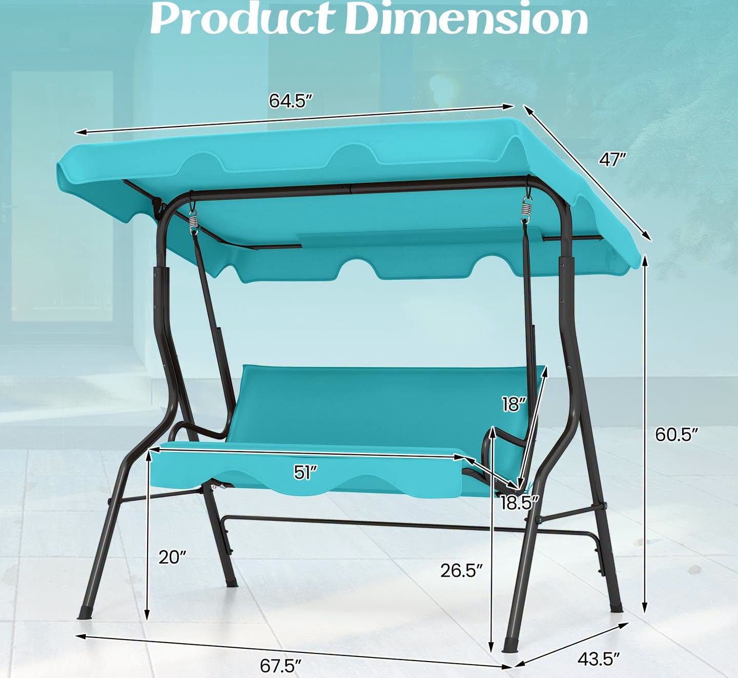 3 Seat Outdoor Patio Canopy Swing with Cushioned Steel Frame