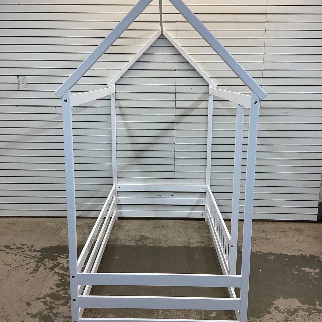 White Twin Adjustable House Bed with Roof and Full-length Safety Guardrail Playhouse Bed Frame