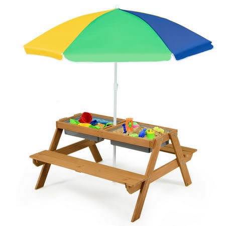 3-in-1 Kids Outdoor Picnic Water Sand Table with Removable Umbrella and Boxes
