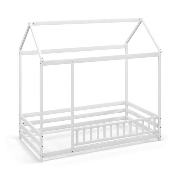 White Twin Adjustable House Bed with Roof and Full-length Safety Guardrail Playhouse Bed Frame