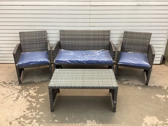 4 Pieces Patio Rattan Furniture Set with Glass Table and Loveseat