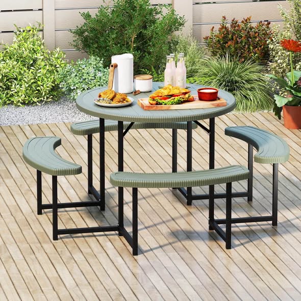 Costway Round Picnic Table Bench Set with 4 Benches Umbrella Hole All Weather Tabletop Green