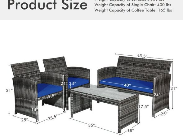 4 Pieces Patio Rattan Furniture Set with Glass Table and Loveseat