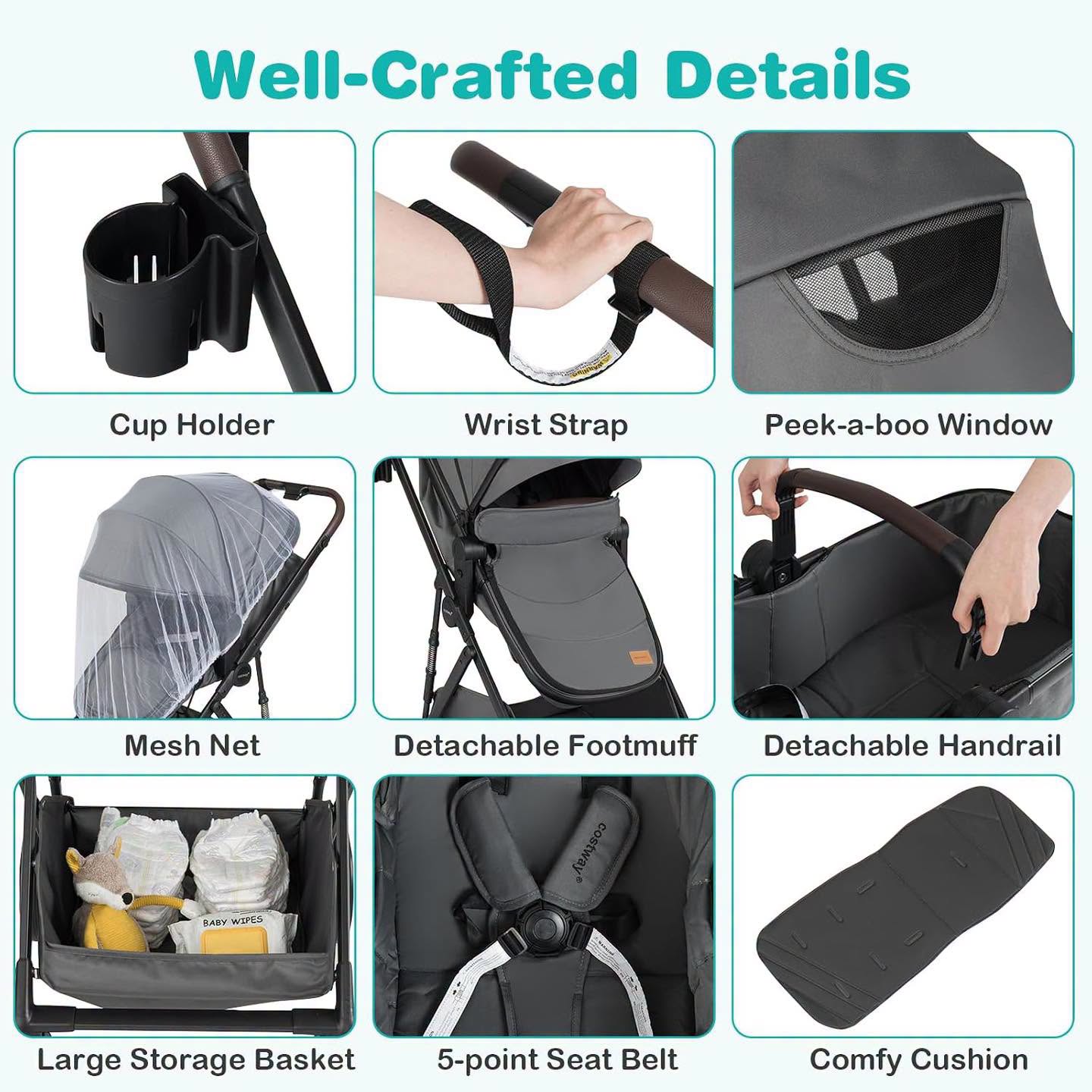 BABY JOY 2 in 1 Baby Stroller, High Landscape Convertible Bassinet Stroller with Reversible Seat, Net, Adjustable Canopy, Cup Holder, Foldable Pushchair Pram Stroller for Newborn Toddlers (Gray)