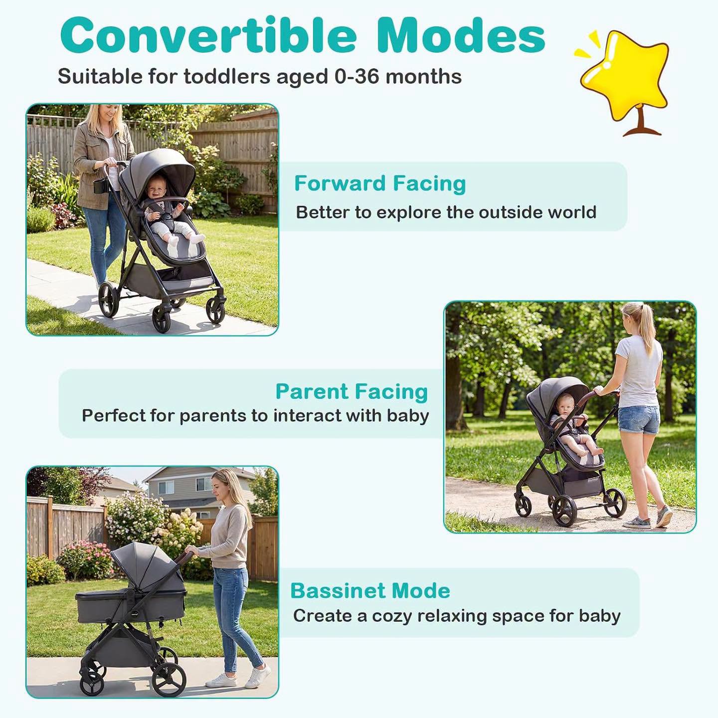 BABY JOY 2 in 1 Baby Stroller, High Landscape Convertible Bassinet Stroller with Reversible Seat, Net, Adjustable Canopy, Cup Holder, Foldable Pushchair Pram Stroller for Newborn Toddlers (Gray)