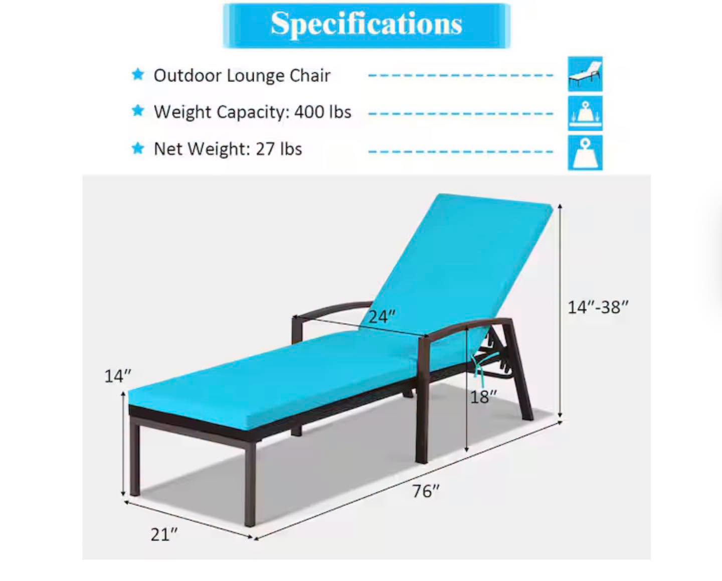 Adjustable Height Rattan Chaise Recliner Patio Lounge Chair with Turquoise Cushions (2-Piece)