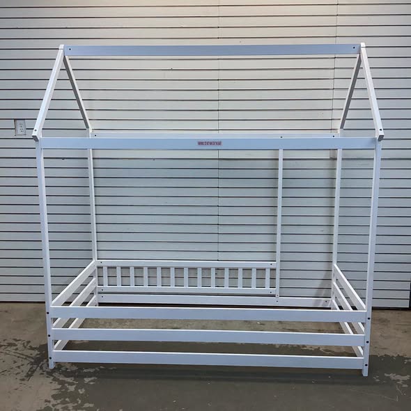 White Twin Adjustable House Bed with Roof and Full-length Safety Guardrail Playhouse Bed Frame