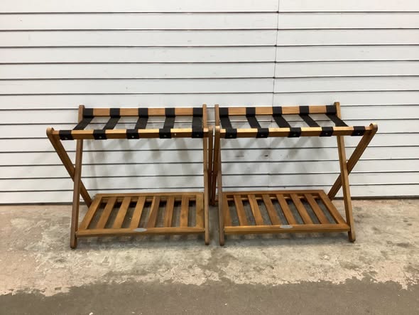 Set of 2 Folding Luggage Racks with 5 Nylon Straps and Slatted Storage Shelf