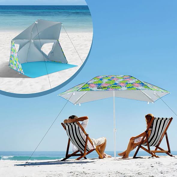 Tangkula Beach Tent for 2-4 People, 2-in-1 Beach Tent Sun Shelter with Extendable Floor, Roll-Up Windows, UPF50+ Easy Setup Beach Umbrella for Shade Pool Backyard Camping.