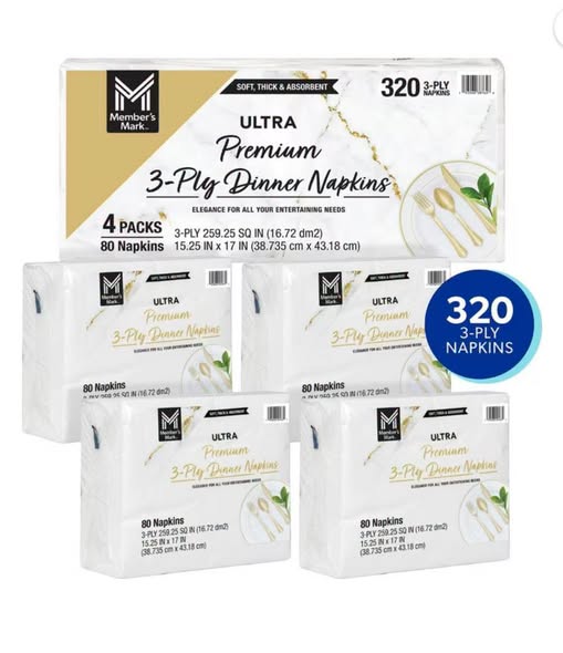 Member's Mark Ultra Premium 3-Ply White Dinner Napkins, 4 pks., 80 napkins/pk.