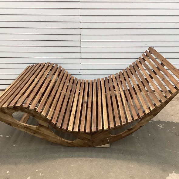 Slatted Acacia 2-Seat Patio Dual Rocker Sunbed Wood Lounger with Ergonomic Curved Seat