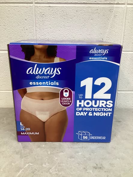 Always Discreet Essentials Underwear for Women, Maximum Size Large 14-20 56ct.