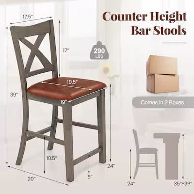 2-Piece Gray 24 in. Counter Height Stools Bar Stools with Faux Leather Upholstered Seat
