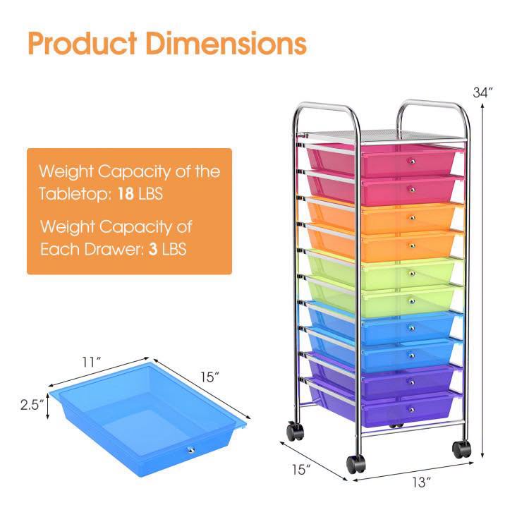 10 Drawer Rolling Storage Cart Organizer with 4 Universal Casters