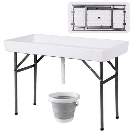 4 Feet Plastic Party Ice Folding Table with Matching Skirt and Ice Bucket