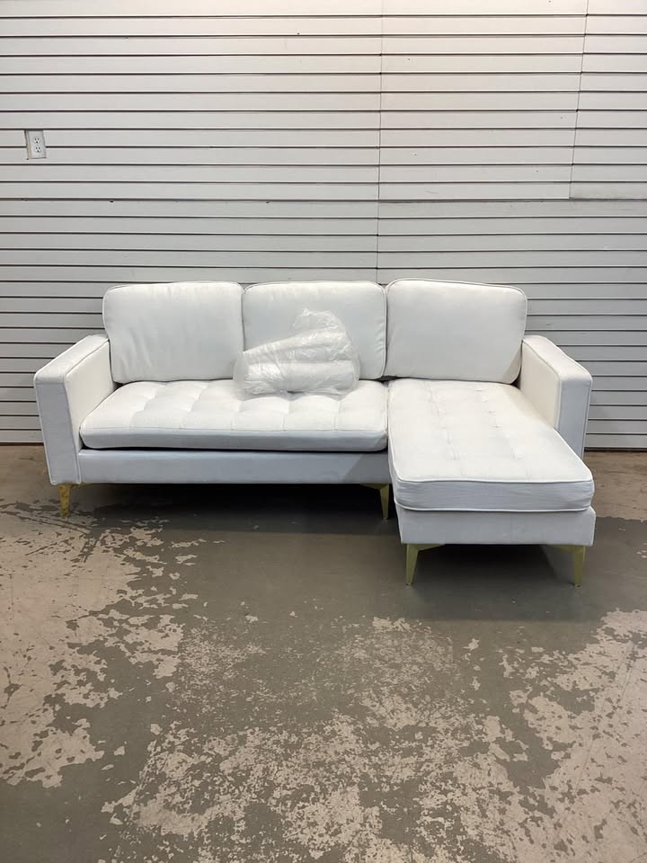Modular Sectional Sofa with Chaise Lounge, Chenille 3-Seater Sofa with 2 Pillows and Golden Tripod Legs, 85" L-Shape Sectional Couch for Living Room, Apartment, White