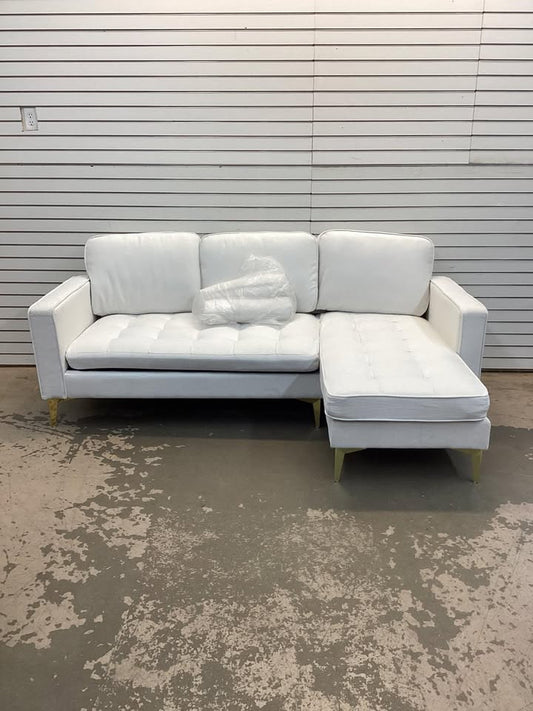 Modular Sectional Sofa with Chaise Lounge, Chenille 3-Seater Sofa with 2 Pillows and Golden Tripod Legs, 85" L-Shape Sectional Couch for Living Room, Apartment, White