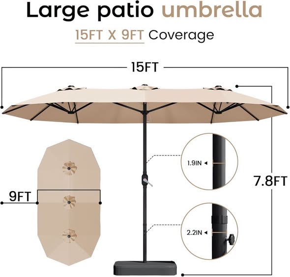 Costway 15FT Patio Double-Sided Umbrella Crank Outdoor Garden Market Sun Shade Beige