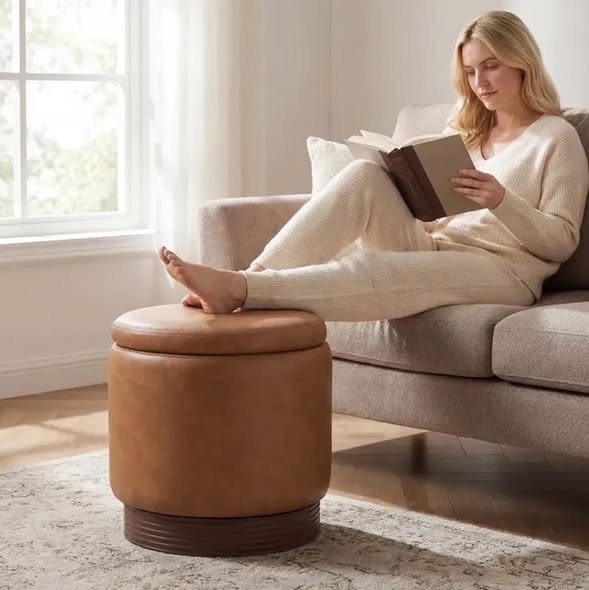 Costway Round Storage Ottoman with Acacia Wood Frame for Living Room and Bedroom