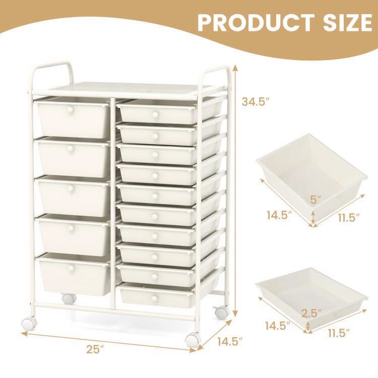 15-Drawer Utility Rolling Cart with Drawers Multi-Use Storage
