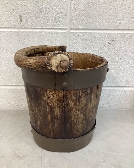 Mountain Mike’s - Rustic Well Bucket Waste Basket with Replicated Deer Antler Handle - Bathroom Trash Can