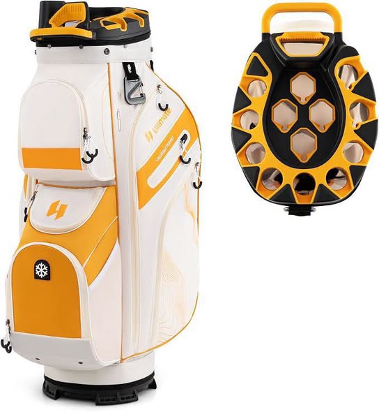 ULTIMATE 14-Way Golf Cart Bag, Golf Bag W/Molded Lock Top & Full Length Dividers, Portable Golf Club Bag W/11 Pockets, Cooler Bag, Padded Strap & Rain Hood For Men Women