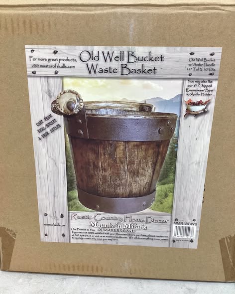 Mountain Mike’s - Rustic Well Bucket Waste Basket with Replicated Deer Antler Handle - Bathroom Trash Can