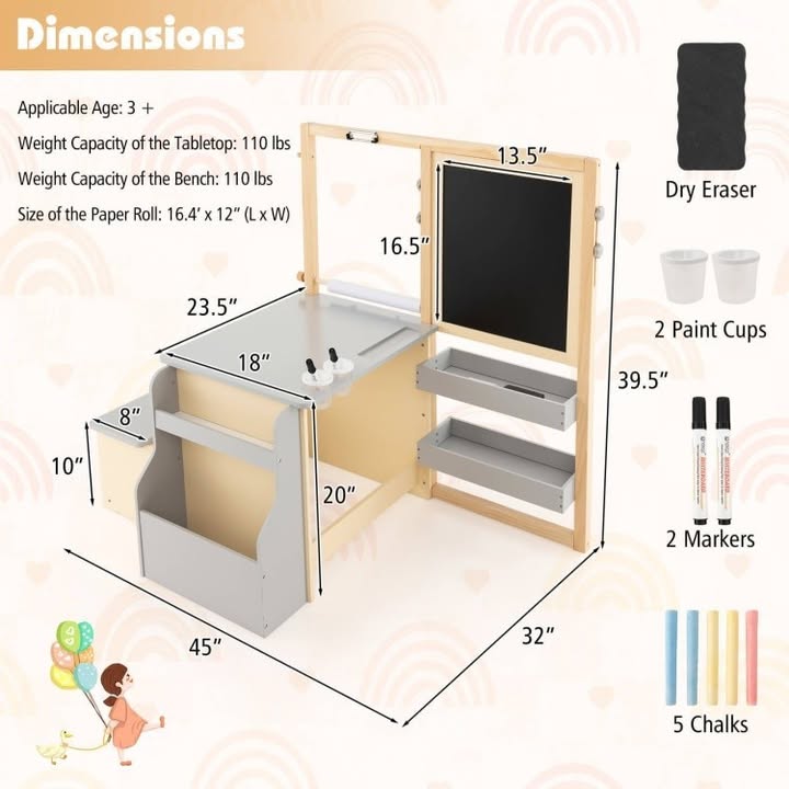 Costway Kids Art Center Wooden Table Bench Set