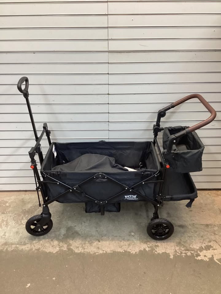 VEVOR Wagon Stroller for 2 Kids Push Pull Quad Collapsible Stroller with Adjustable Handle Encircling Harness Removable Canopy 4 Wheels with Brakes Mutifunction Tandem Stroller for Camping Black