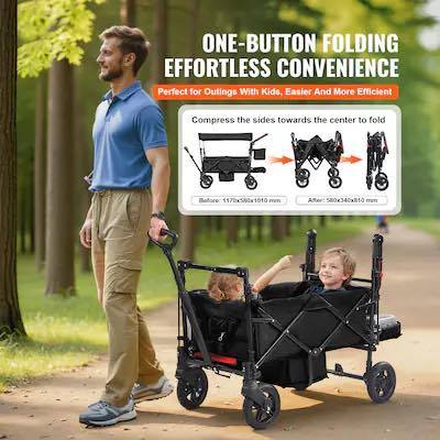 VEVOR Wagon Stroller for 2 Kids Push Pull Quad Collapsible Stroller with Adjustable Handle Encircling Harness Removable Canopy 4 Wheels with Brakes Mutifunction Tandem Stroller for Camping Black