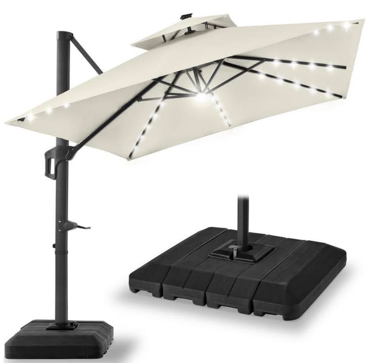Best Choice Products 10Ft x 10Ft 2-Tier Square LED Cantilever Offset Umbrella w/ 360 Rotation, Base