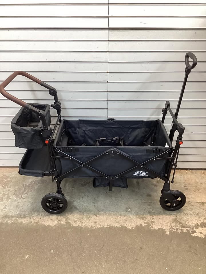 VEVOR Wagon Stroller for 2 Kids Push Pull Quad Collapsible Stroller with Adjustable Handle Encircling Harness Removable Canopy 4 Wheels with Brakes Mutifunction Tandem Stroller for Camping Black