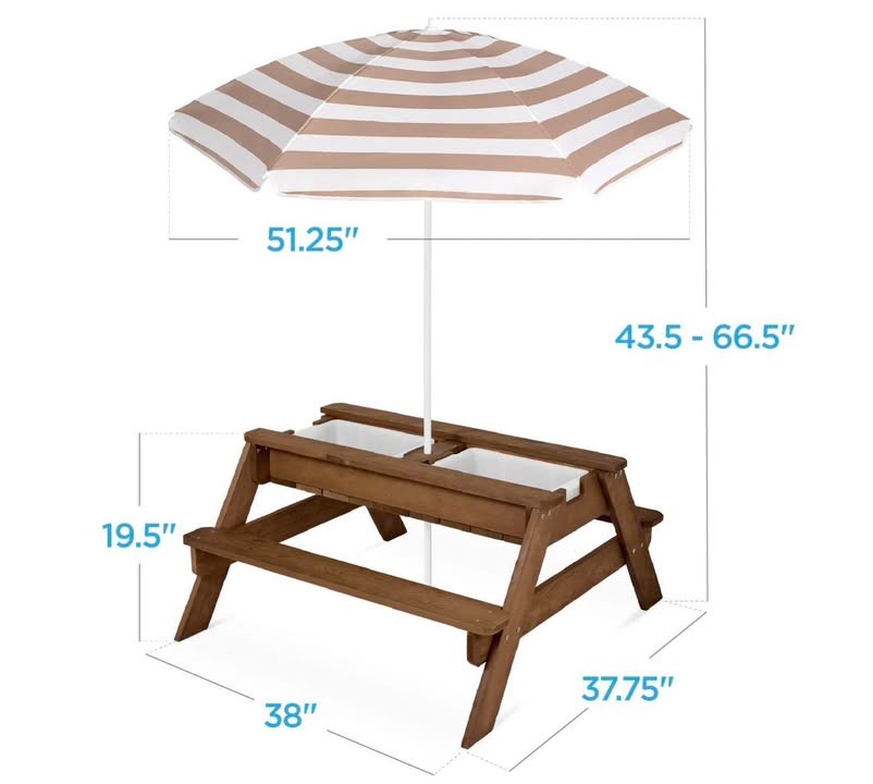 3-in-1 Kids Sand & Water Table Outdoor Wood Picnic Table w/ Umbrella