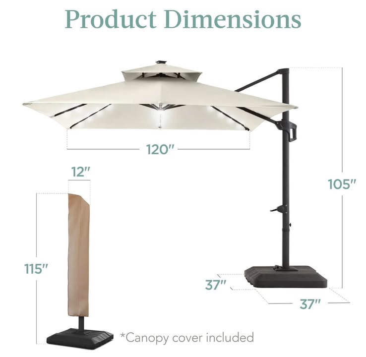 Best Choice Products 10Ft x 10Ft 2-Tier Square LED Cantilever Offset Umbrella w/ 360 Rotation, Base