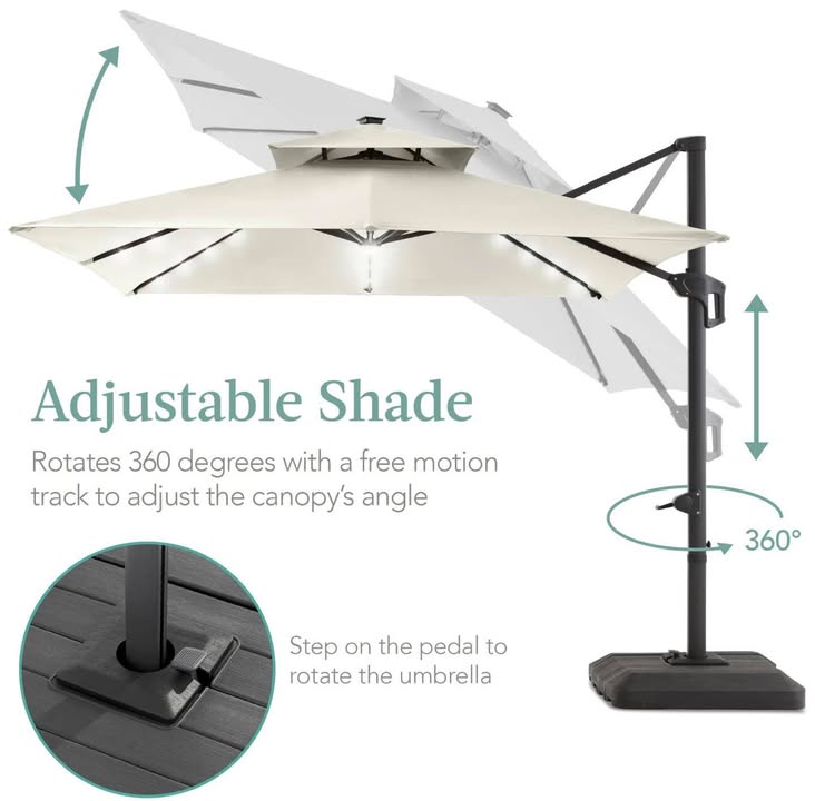 Best Choice Products 10Ft x 10Ft 2-Tier Square LED Cantilever Offset Umbrella w/ 360 Rotation, Base