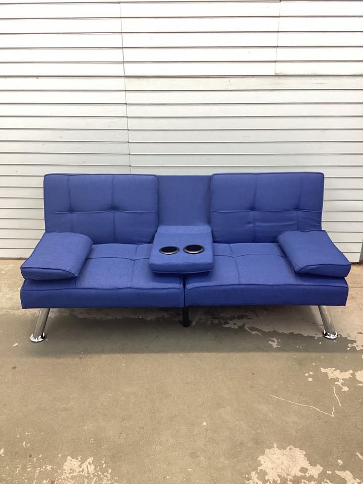 Linen Upholstered Convertible Sofa Bed Futon w/ 2 Cupholders