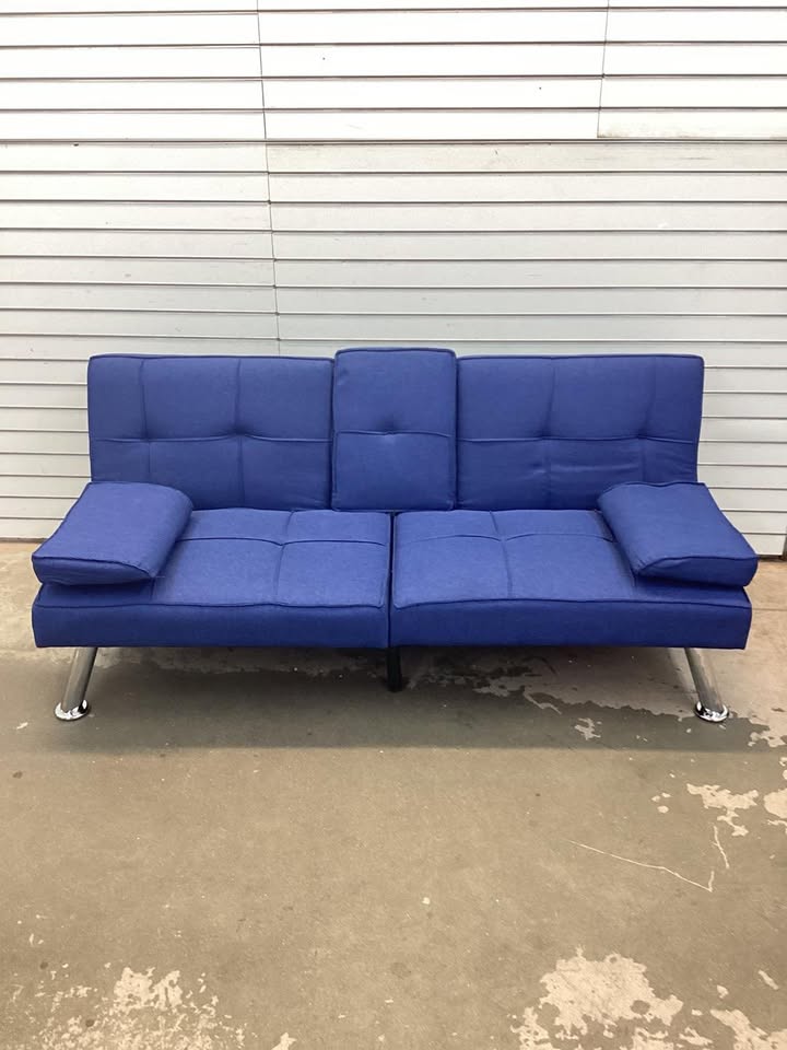 Linen Upholstered Convertible Sofa Bed Futon w/ 2 Cupholders