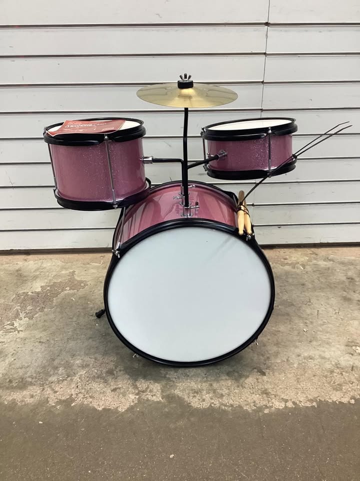 Best Choice Products Kids 3-Piece Beginner Drum Set with Sticks, Cushioned Stool and Drum Pedal - Pink Sparkle