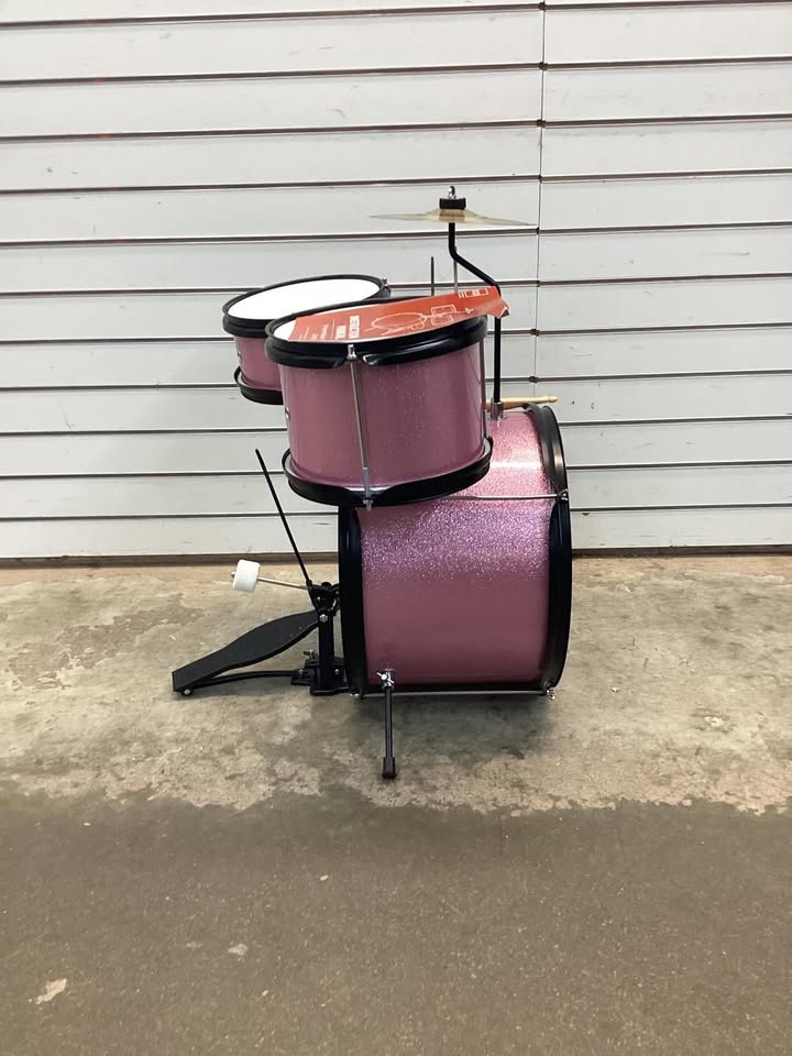 Best Choice Products Kids 3-Piece Beginner Drum Set with Sticks, Cushioned Stool and Drum Pedal - Pink Sparkle
