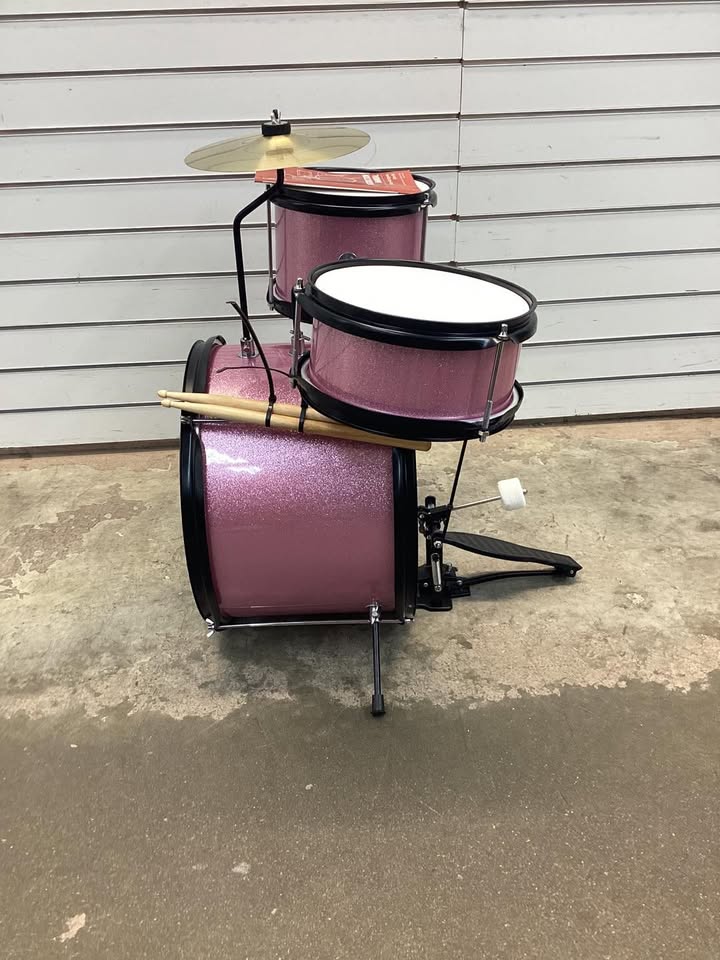 Best Choice Products Kids 3-Piece Beginner Drum Set with Sticks, Cushioned Stool and Drum Pedal - Pink Sparkle