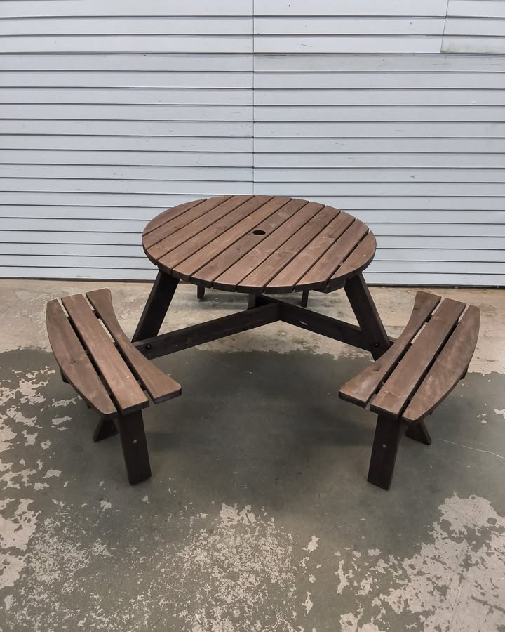 6-Person Circular Wooden Picnic Table w/ Umbrella Hole, 3 Benches